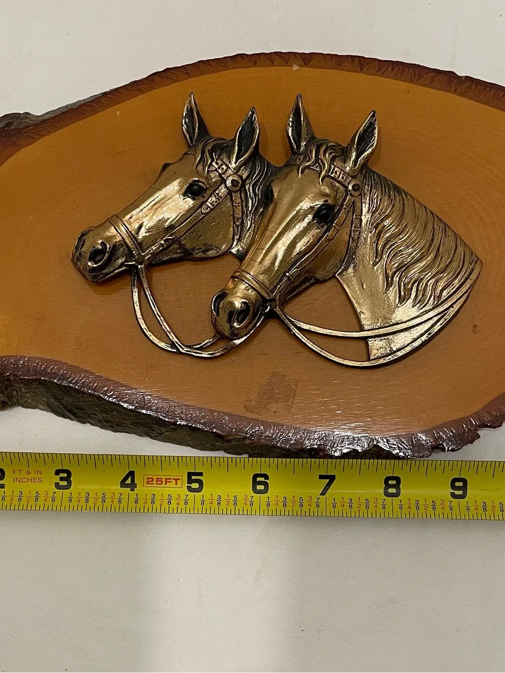 Bronze Horse Head Wall Plaque on Natural Wood - Brown